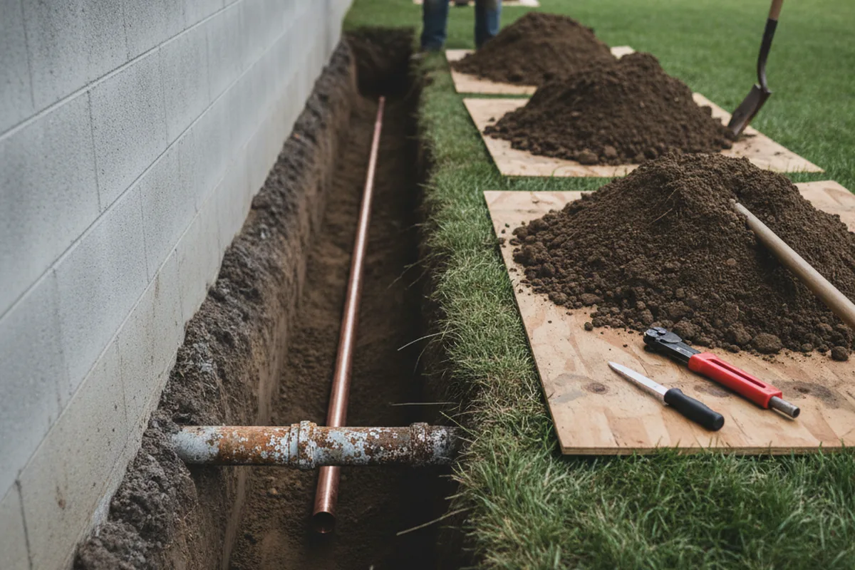 Excavated water line trench during Sewer Line Repair in Apache Junction